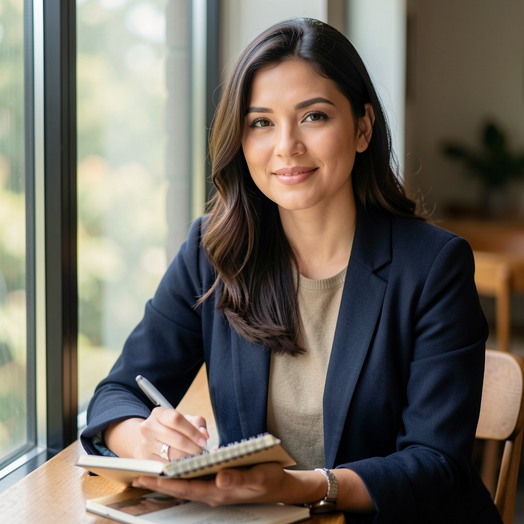 Portrait of a woman seated beside a window with a notebook, natural daylight, relaxed editorial setting
