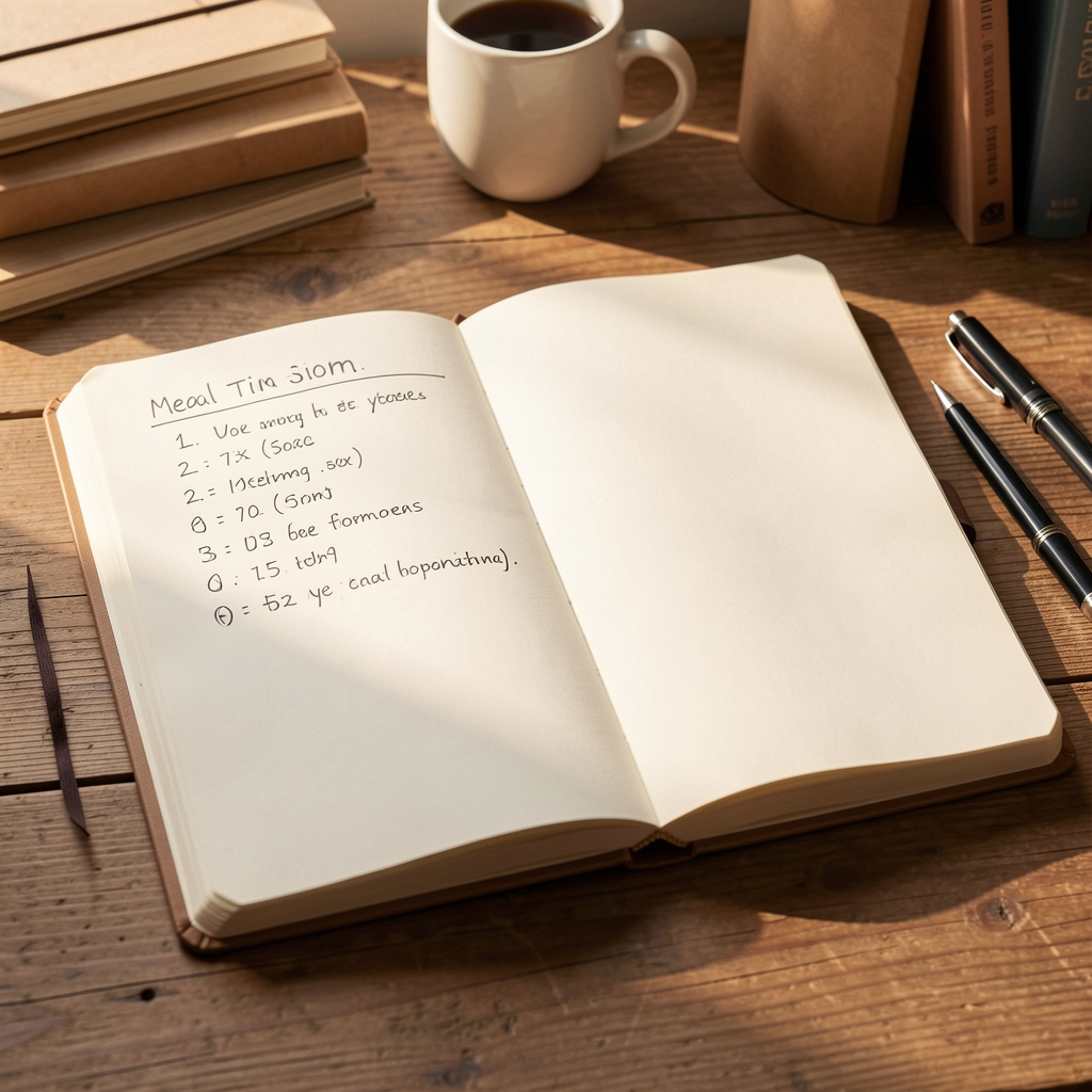 Notebook open on a desk with handwritten meal timing entries, morning natural light streaming across the page