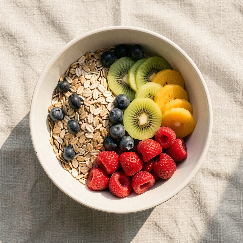 Overhead view of a breakfast bowl with grains and fruit on a pale linen surface, morning light, editorial composition