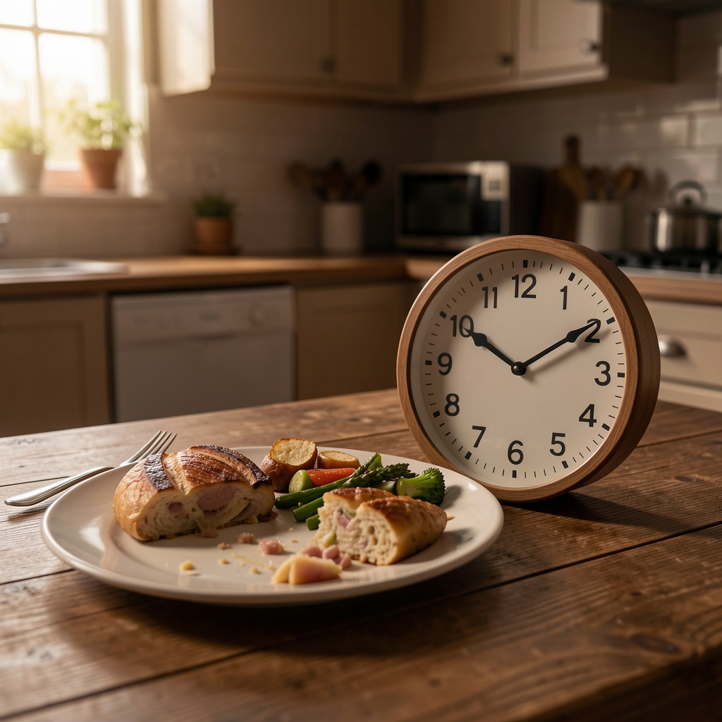 Clock showing 9pm beside a half-eaten evening meal on a wooden table, dim warm kitchen light, editorial still life